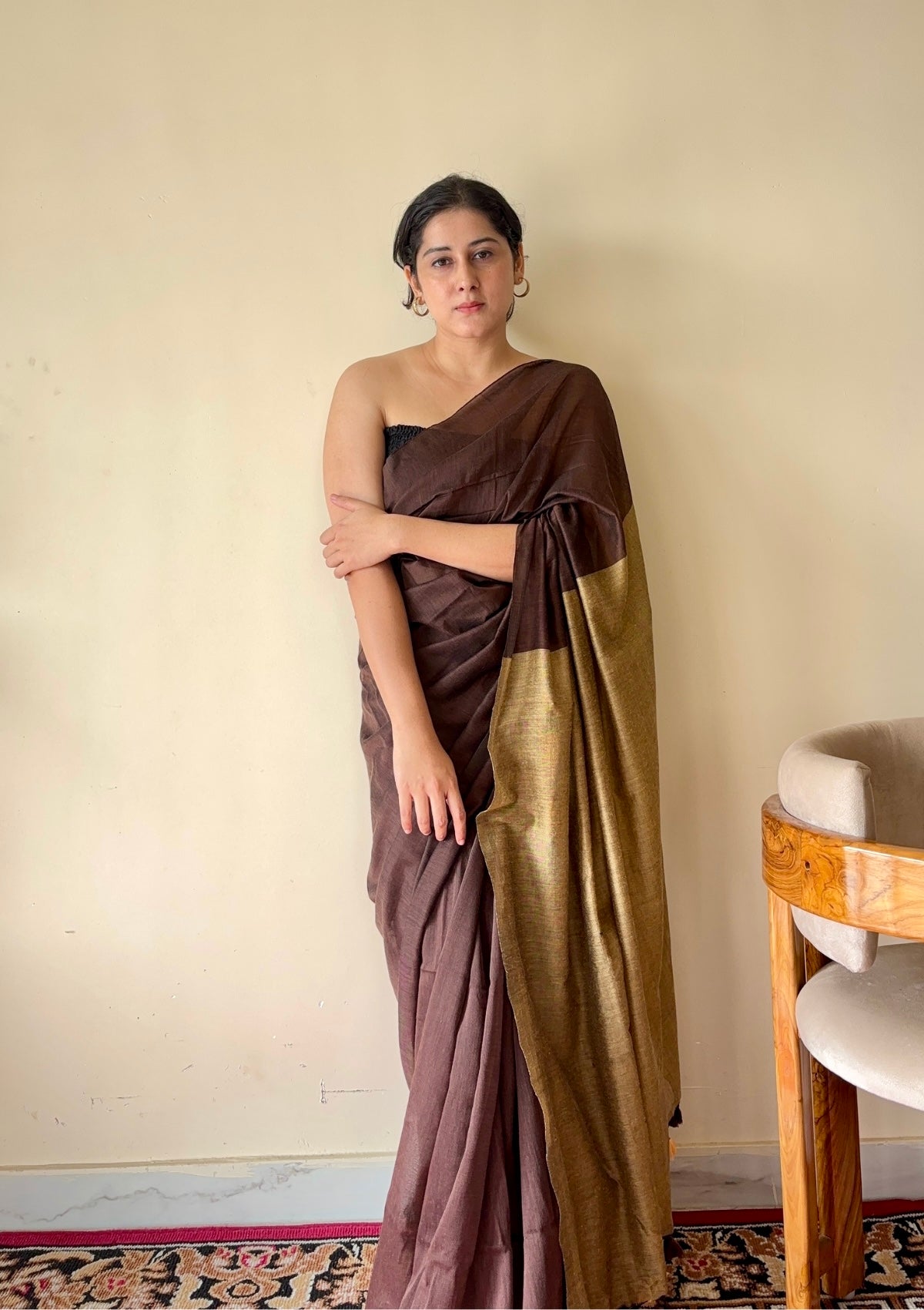 Yogini Brown and Beige Pure Cotton Saree with Tassels - Qatha 