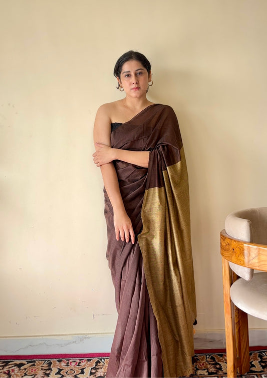 Yogini Brown and Beige Pure Cotton Saree with Tassels - Qatha 