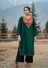 Noorza | Green Woolen Kashmiri Phiran with Floral Aari Embroidery