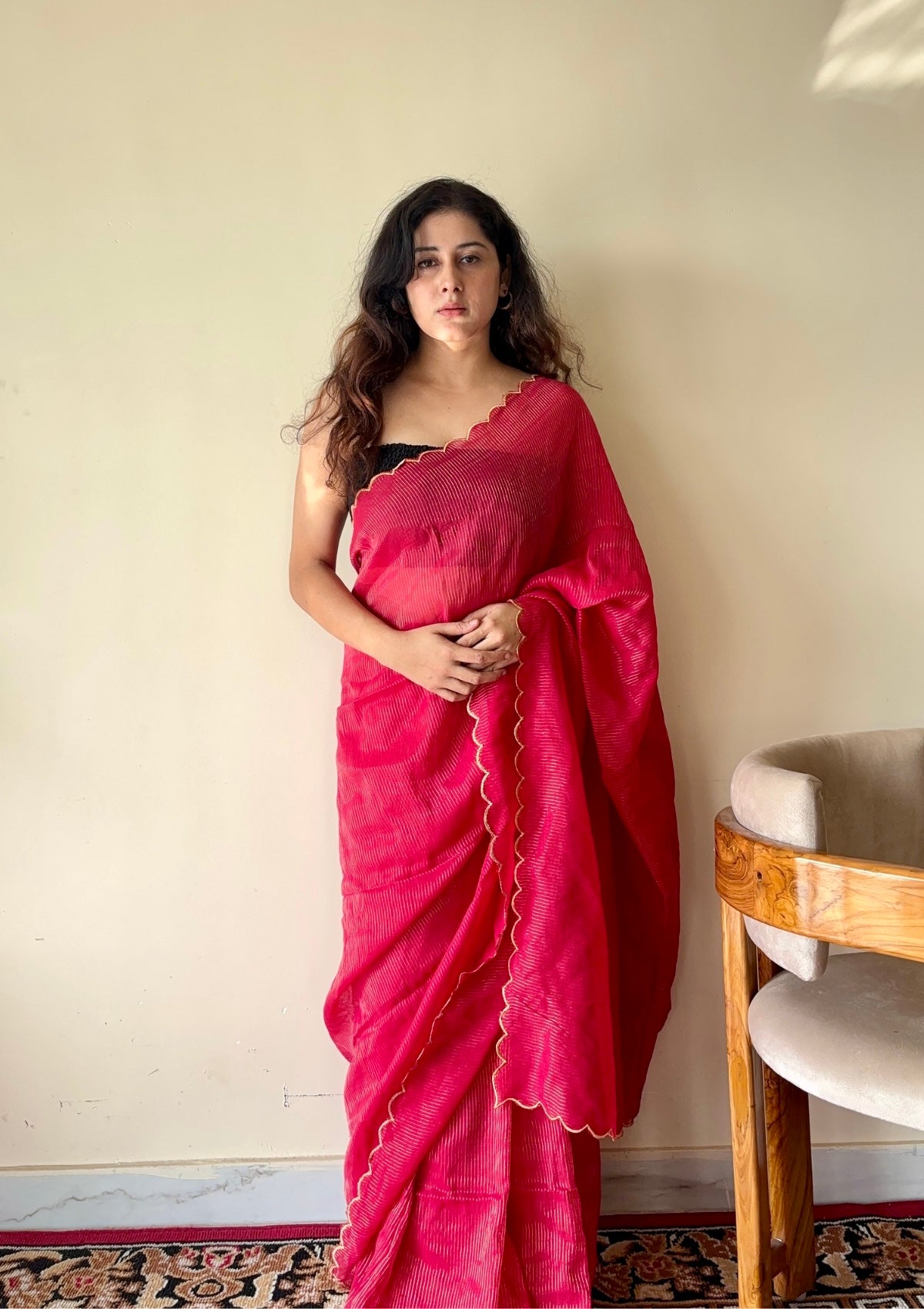 Aria  Red Soft Mulmul Cotton Saree with Gold Stripes and Scalloped Border - Qatha 