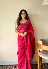 Aria  Red Soft Mulmul Cotton Saree with Gold Stripes and Scalloped Border - Qatha 