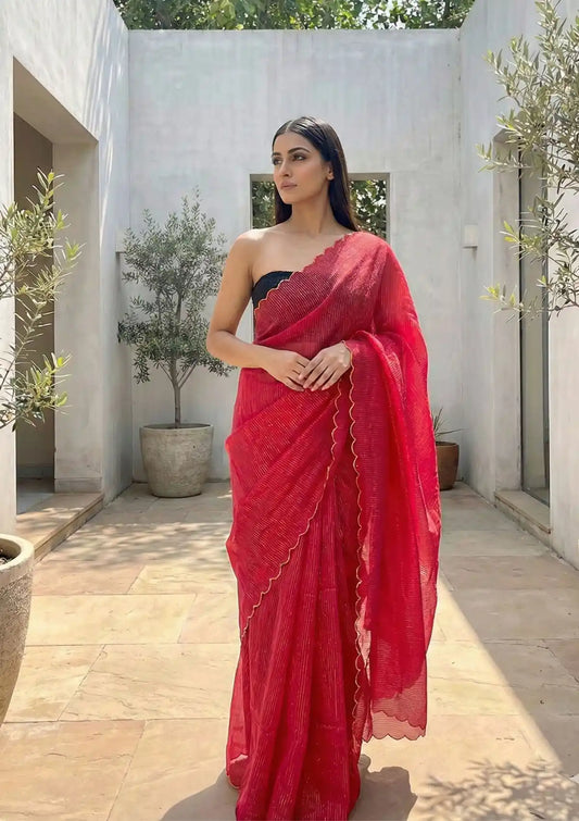 Aria  Red Soft Mulmul Cotton Saree with Gold Stripes and Scalloped Border