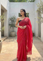 Aria  Red Soft Mulmul Cotton Saree with Gold Stripes and Scalloped Border