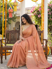 Tara Blush Pink Soft Mulmul Cotton Sequin Saree with Scalloped Border