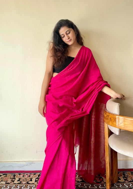 Gulal Pink Pure Cotton Handloom Saree with Silver Border and Tassels - Qatha 