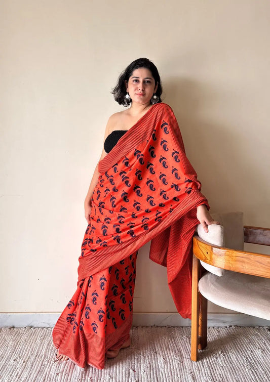 Gulmohar Cotton Bagru Handblock Printed Saree | Red, Black