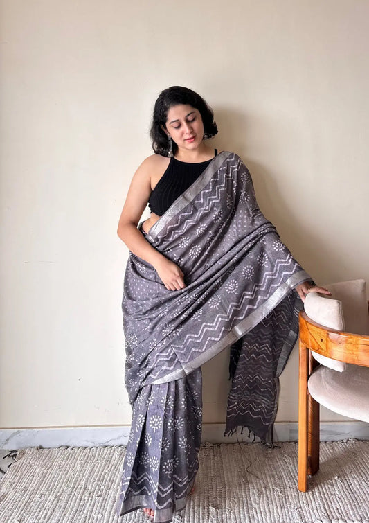 Soma Cotton Dabu Handblock Printed Saree | Grey