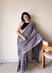 Soma Cotton Dabu Handblock Printed Saree | Grey