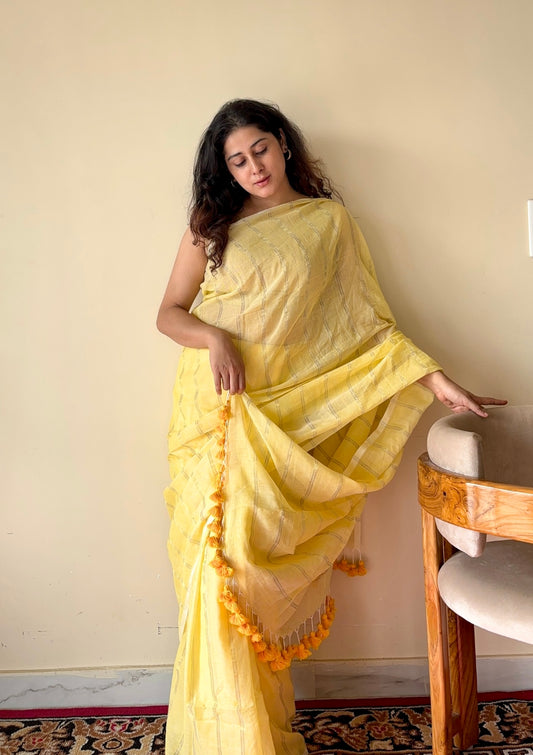 Harini Yellow Mulmul Cotton Gold Zari Striped Saree with Tassels - Qatha 