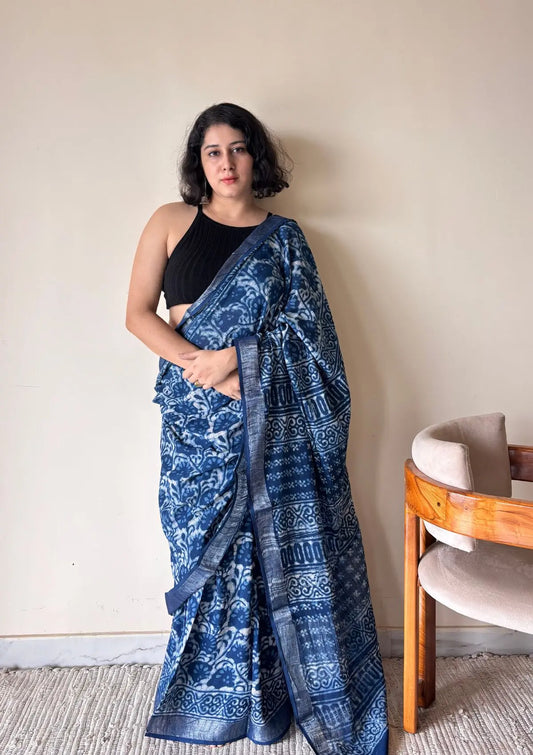 Varuni Indigo Linen Cotton Bagru Handblock Printed Saree | Blue