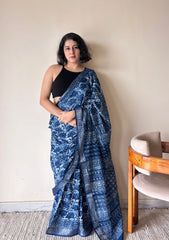 Varuni Indigo Linen Cotton Bagru Handblock Printed Saree | Blue