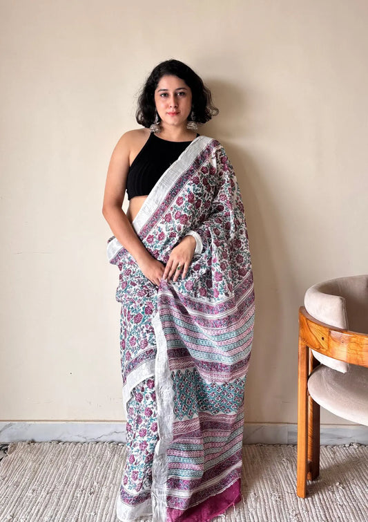 Bahaar Linen Cotton Bagru Handblock Printed Saree | Pink White