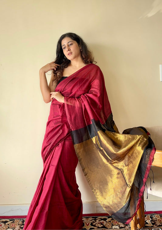 Tarini  Maroon and Black Pure Cotton Saree with Color Block Gold Tissue Border - Qatha 