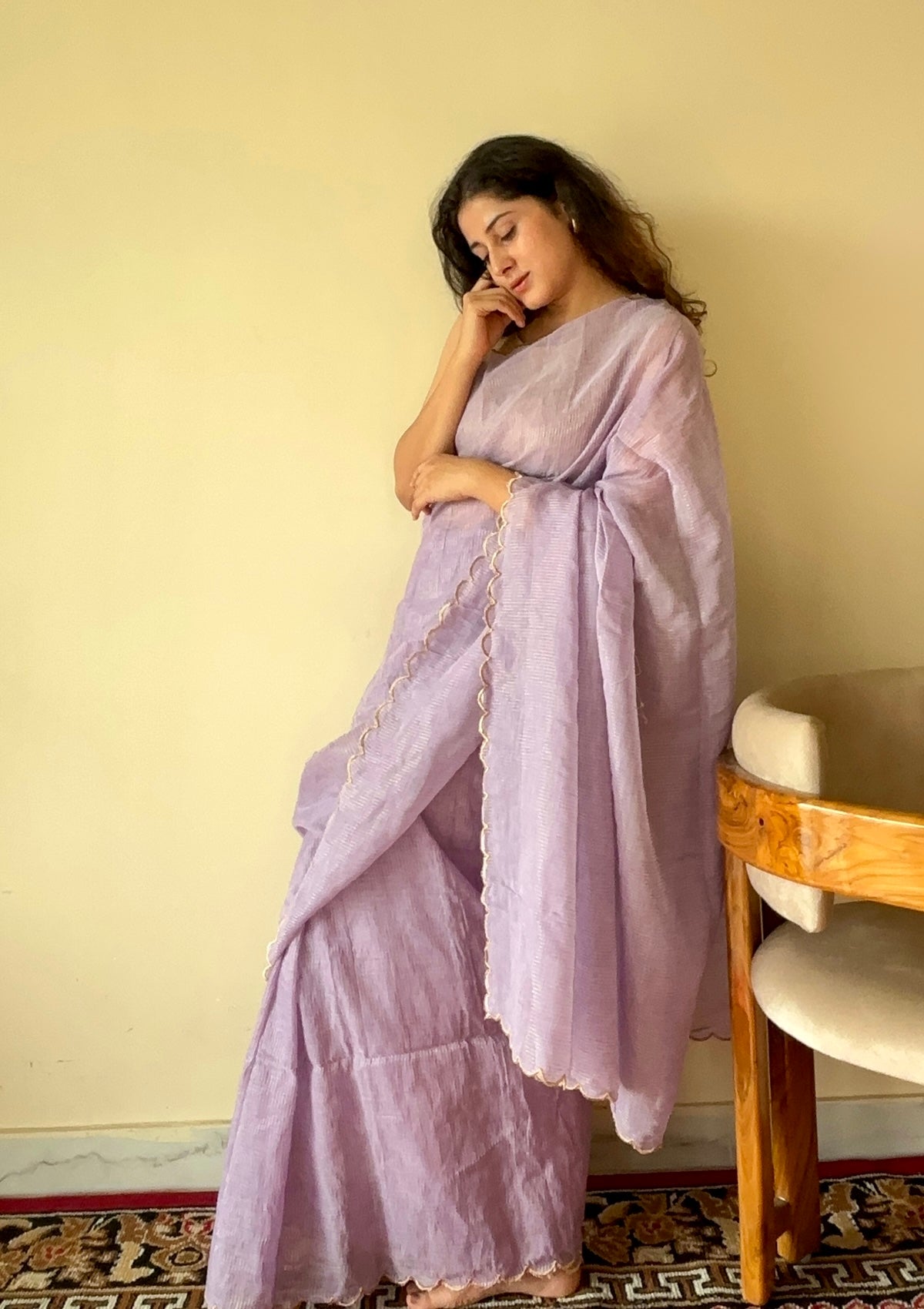Lavanya Light Purple Soft Mulmul Cotton Saree with Gold Zari Stripes and Scalloped Border - Qatha 