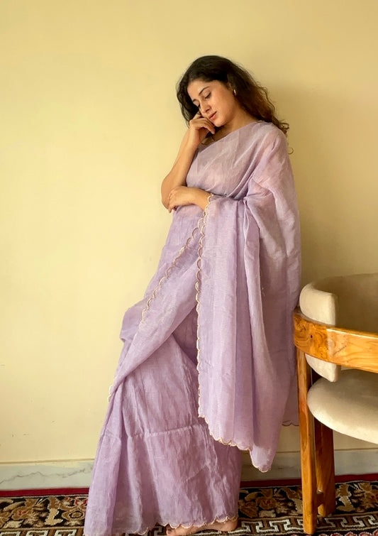Lavanya Light Purple Soft Mulmul Cotton Saree with Gold Zari Stripes and Scalloped Border - Qatha 