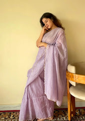 Lavanya Light Purple Soft Mulmul Cotton Saree with Gold Zari Stripes and Scalloped Border