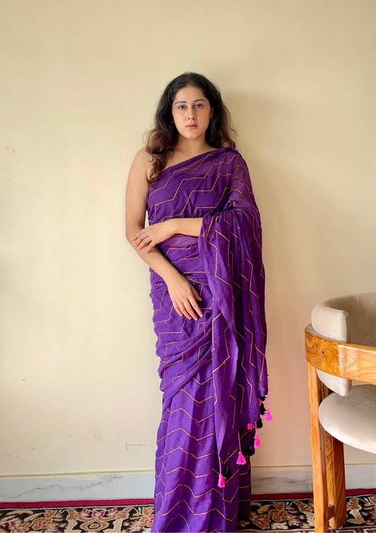 Indrani Deep Purple Cotton Mulmul Saree with Gold Stripes and Tassels - Qatha 