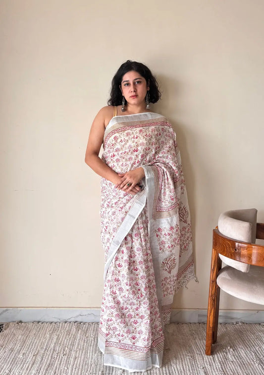 Manjiri Linen Cotton Bagru Handblock Printed Saree | White Pink
