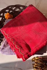 Aria  Red Soft Mulmul Cotton Saree with Gold Stripes and Scalloped Border - Qatha 