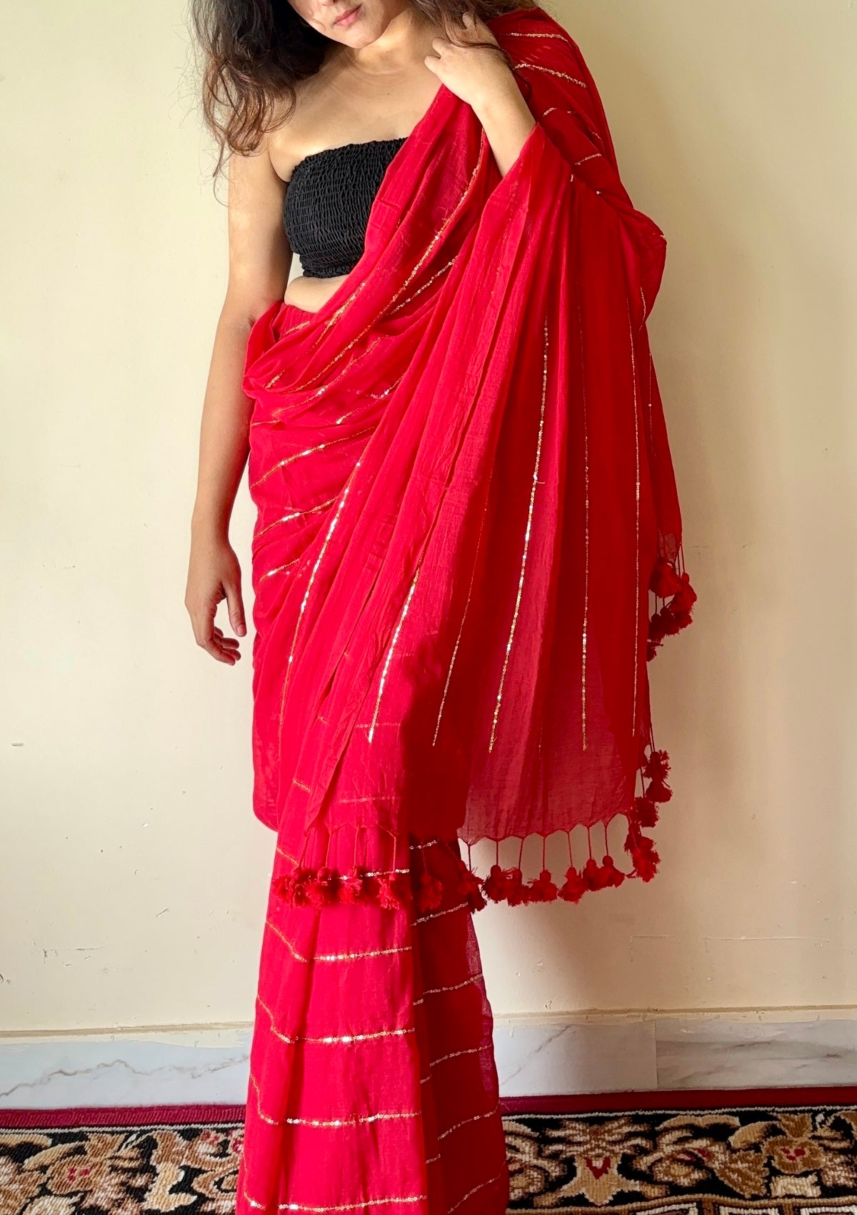 Rooh Red Soft Mulmul Cotton Gold Sequin Stripe Saree - Qatha 