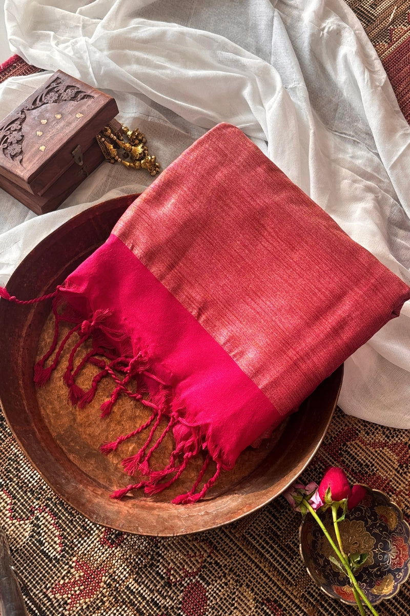 Gulal Pink Pure Cotton Handloom Saree with Silver Border and Tassels - Qatha 
