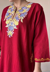 Yemberzal | Red Woollen Kashmiri Phiran with Floral Aari Embroidery