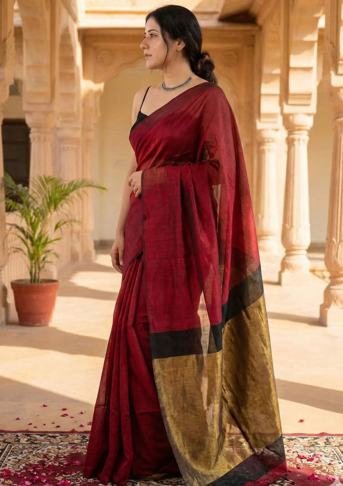 Tarini  Maroon and Black Pure Cotton Saree with Color Block Gold Tissue Border - Qatha 