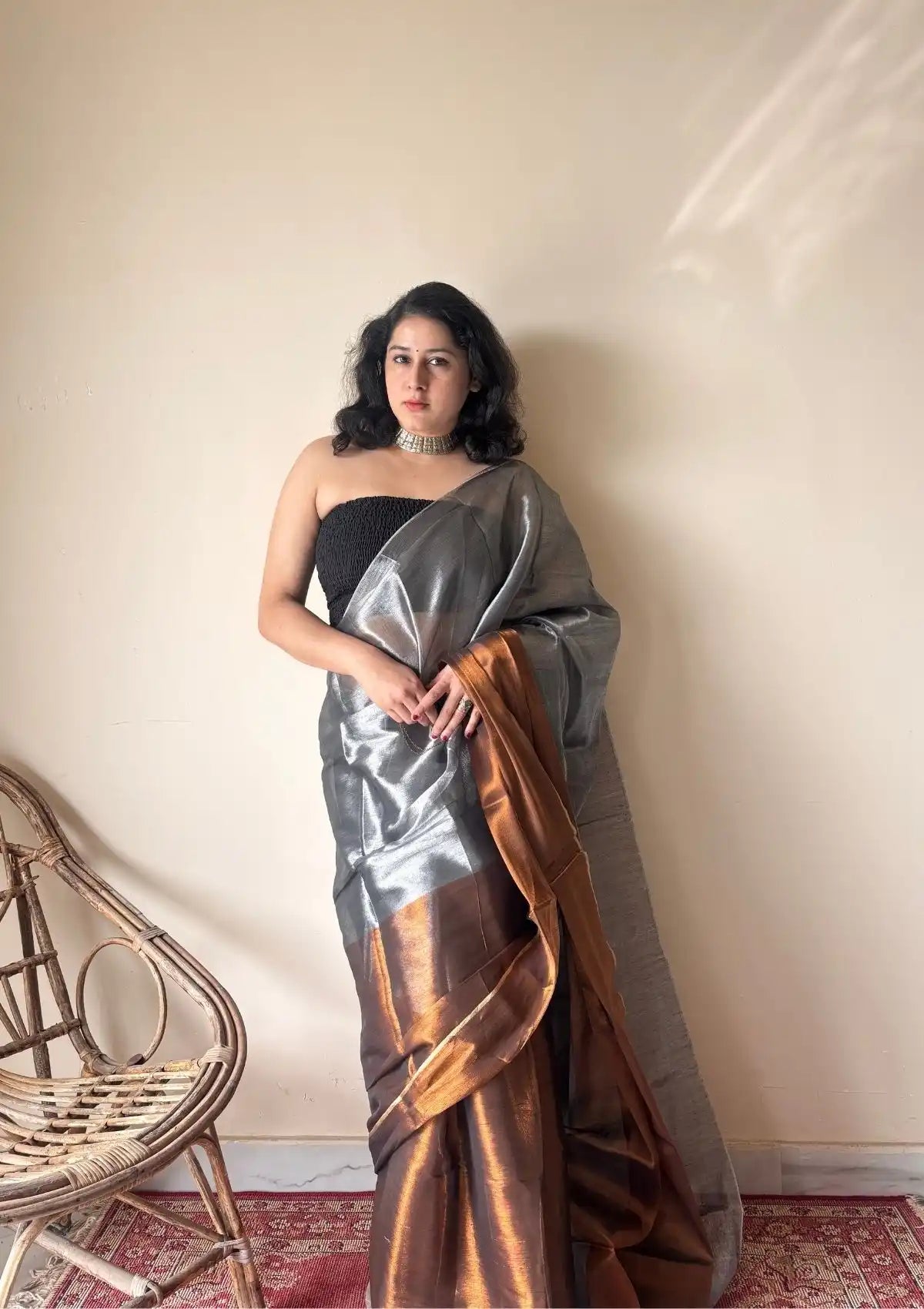 Aadhya – Metallic Silver Handloom Cotton Tissue Saree with Copper Accents