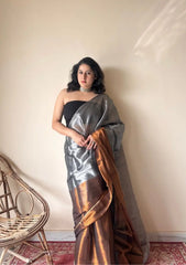 Aadhya – Metallic Silver Handloom Cotton Tissue Saree with Copper Accents