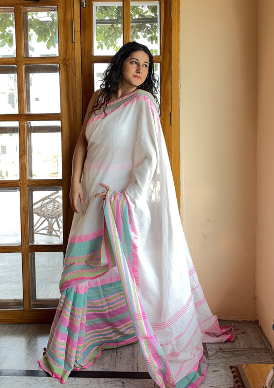 Chandrika White Handloom Cotton Saree with Pink & Green Temple Border
