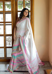 Chandrika White Handloom Cotton Saree with Pink & Green Temple Border