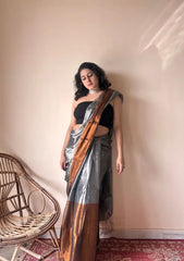 Aadhya – Metallic Silver Handloom Cotton Tissue Saree with Copper Accents
