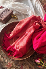 Gulal Pink Pure Cotton Handloom Saree with Silver Border and Tassels - Qatha 