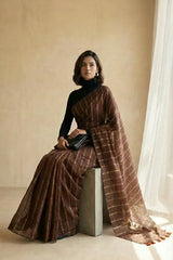 Vedika  Chocolate Brown Mulmul Cotton Saree with Gold Zari Stripes and Tassels