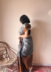 Aadhya – Metallic Silver Handloom Cotton Tissue Saree with Copper Accents