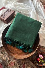 Mrinalini Peacock Blue and Green Soft Cotton Mulmul Saree with Tassels - Qatha 