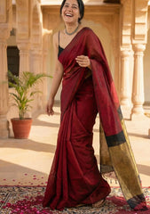 Tarini  Maroon and Black Pure Cotton Saree with Color Block Gold Tissue Border