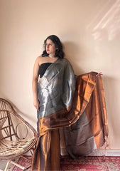 Aadhya – Metallic Silver Handloom Cotton Tissue Saree with Copper Accents