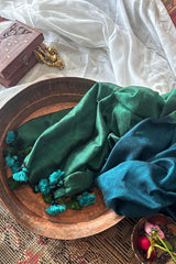 Mrinalini Peacock Blue and Green Soft Cotton Mulmul Saree with Tassels - Qatha 