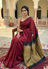 Tarini  Maroon and Black Pure Cotton Saree with Color Block Gold Tissue Border