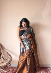 Aadhya – Metallic Silver Handloom Cotton Tissue Saree with Copper Accents
