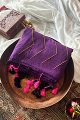 Indrani Deep Purple Cotton Mulmul Saree with Gold Stripes and Tassels - Qatha 