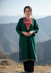 Dilnaz | Green Woollen Kashmiri Phiran with Floral Aari Embroidery