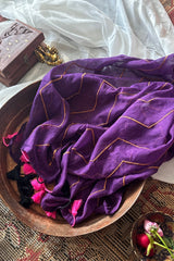 Indrani Deep Purple Cotton Mulmul Saree with Gold Stripes and Tassels - Qatha 