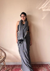 Vrishti | Charcoal Grey Handloom Cotton Saree with Sequin Details
