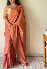 Tara Blush Pink Soft Mulmul Cotton Sequin Saree with Scalloped Border