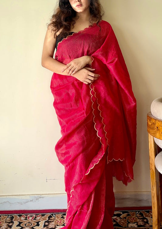 Aria  Red Soft Mulmul Cotton Saree with Gold Stripes and Scalloped Border - Qatha 