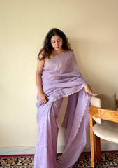Lavanya Light Purple Soft Mulmul Cotton Saree with Gold Zari Stripes and Scalloped Border - Qatha 
