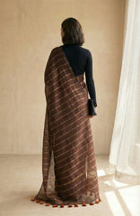 Vedika  Chocolate Brown Mulmul Cotton Saree with Gold Zari Stripes and Tassels