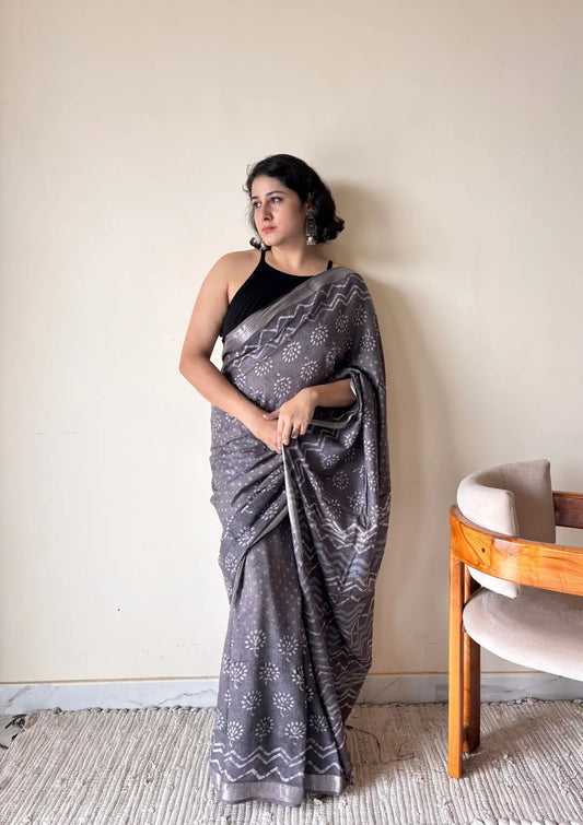 Soma Cotton Dabu Handblock Printed Saree | Grey